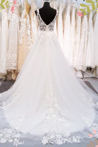 910BY05W02 Barrie Strap V illusion neck A line lace train 4 Sexy Wedding Gown Malaysia, Romantic wedding dress Malaysia, Garden wedding reception Malaysia,